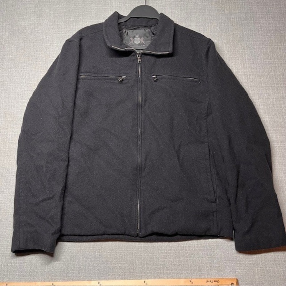 Express Mens Crest Label‎ Black Wool Blend Full Zip Jacket Coat Collared Size L